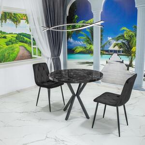 Set masa Hamburg Black Marble cu 2 scaune Kobe negru, DENVER, picioare metalice negre, forma rotunda, 90x73 cm