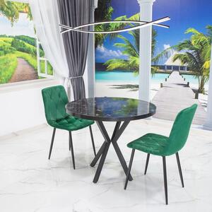 Set masa Hamburg Black Marble cu 2 scaune Kobe verde, picioare metalice negre, forma rotunda, 90x73 cm