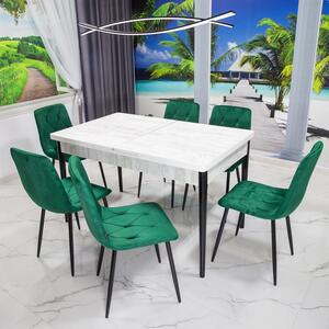 Set masa extensibila Napoli Pin antichizat cu 6 scaune Kobe verde, DENVER, picioare vopsite negru, 130x80x76 cm