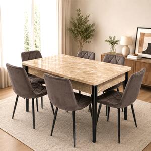 Set masa extensibila Napoli Royal Beige cu 6 scaune Kobe maro, DENVER, picioare vopsite negru, 130x80x76 cm
