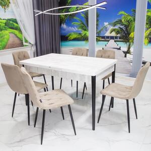 Set masa extensibila Napoli Pin antichizat cu 6 scaune Kobe bej, DENVER, picioare vopsite negru, 130x80x76 cm
