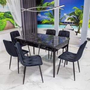 Set masa extensibila Napoli Black Marble cu 6 scaune Kobe negre, DENVER, picioare vopsite negru, 130x80x76 cm