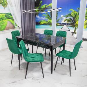 Set masa extensibila Napoli Black Marble cu 6 scaune Kobe verzi, DENVER, picioare vopsite negru, 130x80x76 cm