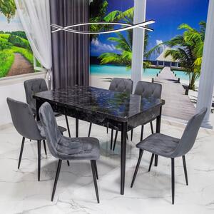 Set masa extensibila Napoli Black Marble cu 6 scaune Kobe gri, DENVER, picioare vopsite negru, 130x80x76 cm