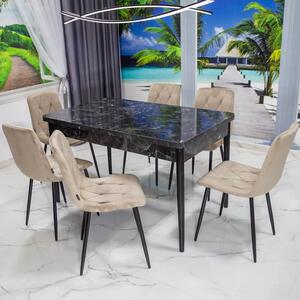 Set masa extensibila Napoli Black Marble cu 6 scaune Kobe bej, DENVER, picioare vopsite negru, 130x80x76 cm