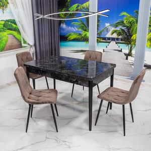 Set masa extensibila Napoli Black Marble cu 4 scaune Kobe maro, DENVER, picioare vopsite negru, 130x80x76 cm