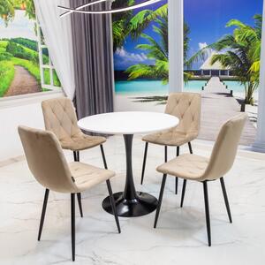 Set masa Innsbruck, DENVER, blat alb si picior negru cu 4 scaune Kobe bej, forma rotunda, 80x73 cm