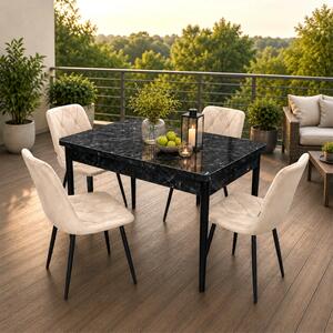 Set masa extensibila Napoli Black Marble cu 4 scaune Kobe bej, DENVER, picioare vopsite negru, 130x80x76 cm