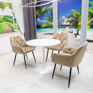 Set masa Innsbruck, DENVER, blat alb si picior alb cu 3 scaune Tokyo bej, forma rotunda, 80x73 cm