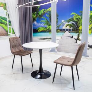 Set masa Innsbruck, DENVER, blat alb si picior negru cu 2 scaune Kobe maro, forma rotunda, 80x73 cm