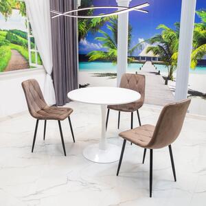 Set masa Innsbruck, DENVER, blat alb si picior alb cu 3 scaune Kobe maro, forma rotunda, 80x73 cm