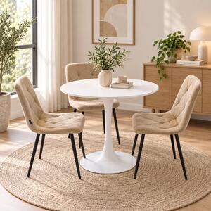 Set masa Innsbruck, DENVER, blat alb si picior alb cu 3 scaune Kobe bej, forma rotunda, 80x73 cm