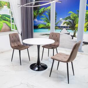 Set masa Innsbruck, DENVER, blat alb si picior negru cu 3 scaune Kobe maro, forma rotunda, 80x73 cm