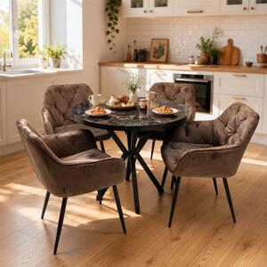 Set masa Hamburg Black Marble cu 4 scaune Tokyo maro, DENVER, picioare metalice negre, forma rotunda, 90x73 cm