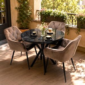 Set masa Hamburg Black Marble cu 3 scaune Tokyo maro, DENVER, picioare metalice negre, forma rotunda, 90x73 cm