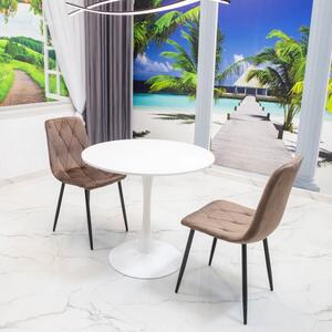 Set masa Innsbruck, DENVER, blat alb si picior alb cu 2 scaune Kobe maro, forma rotunda, 80x73 cm