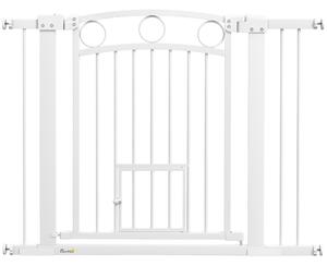 PawHut Barieră de Siguranță Interioară pentru Câini cu 2 Extensii și Ușă pentru Pisici, 76-104x77 cm, Alb | Aosom Romania
