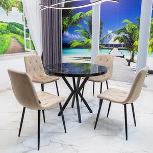 Set masa Hamburg Black Marble cu 4 scaune Kobe bej, DENVER, picioare metalice negre, forma rotunda, 90x73 cm