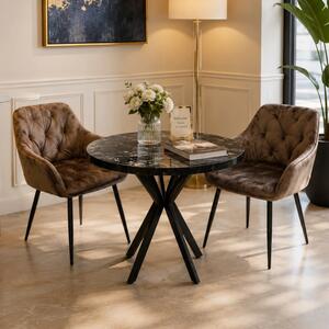 Set masa Hamburg Black Marble cu 2 scaune Tokyo maro, DENVER, picioare metalice negre, forma rotunda, 90x73 cm