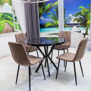 Set masa Hamburg Black Marble cu 4 scaune Kobe maro, DENVER, picioare metalice negre, forma rotunda, 90x73 cm
