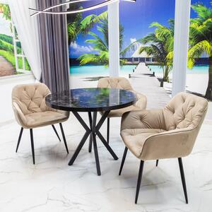 Set masa Hamburg Black Marble cu 3 scaune Tokyo bej, DENVER, picioare metalice negre, forma rotunda, 90x73 cm