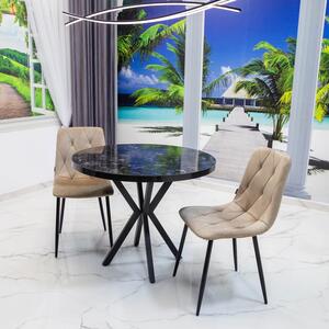 Set masa Hamburg Black Marble cu 2 scaune Kobe bej, DENVER, picioare metalice negre, forma rotunda, 90x73 cm