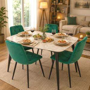 Set masa Viena alba cu 4 scaune Kobe verde, DENVER, blat ceramica, picioare negre, 120x80 cm