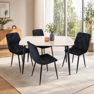 Set masa Viena alba cu 4 scaune Kobe negru, DENVER, blat ceramica, picioare negre, 120x80 cm