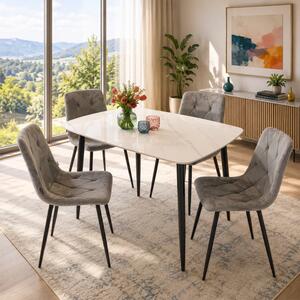 Set masa Viena alba cu 4 scaune Kobe gri, DENVER, blat ceramica, picioare negre, 120x80 cm