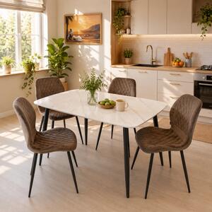 Set masa Viena alba cu 4 scaune Goteborg maro, DENVER, blat ceramica, picioare negre, 120x80 cm