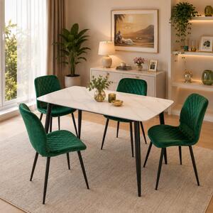 Set masa Viena alba cu 4 scaune Goteborg verde, DENVER, blat ceramica, picioare negre, 120x80 cm