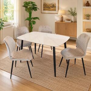 Set masa Viena alba cu 4 scaune Goteborg bej, DENVER, blat ceramica, picioare negre, 120x80 cm