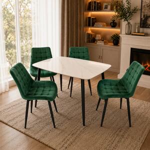 Set masa Viena alba cu 4 scaune Osaka verde, DENVER, blat ceramica, picioare negre, 120x80 cm