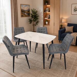 Set masa Viena alba cu 4 scaune Osaka gri, DENVER, blat ceramica, picioare negre, 120x80 cm