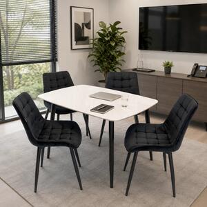 Set masa Viena alba cu 4 scaune Osaka negru, DENVER, blat ceramica, picioare negre, 120x80 cm