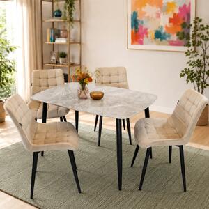 Set masa Viena gri cu 4 scaune Osaka bej, DENVER, blat ceramica, picioare negre, 120x80 cm