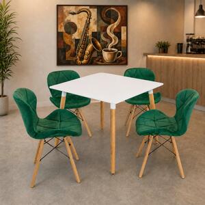 Set masa Koln alba cu 4 scaune Oslo verde, DENVER, blat MDF alb, forma patrata, 80x80x74 cm