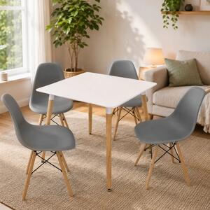 Set masa Koln alba cu 4 scaune Malmo gri, DENVER, blat MDF alb, forma patrata, 80x80x74 cm