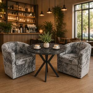 Set masa Hamburg Black Marble cu 2 fotolii Latte, stofa gri antichizat, forma rotunda, 90x73 cm