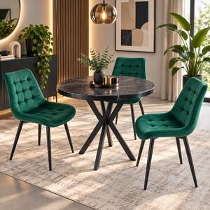 Set masa Hamburg Black Marble cu 3 scaune Osaka verde, picioare metalice negre, forma rotunda, 90x73 cm
