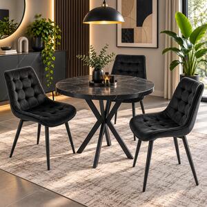 Set masa Hamburg Black Marble cu 3 scaune Osaka negru, DENVER, picioare metalice negre, forma rotunda, 90x73 cm