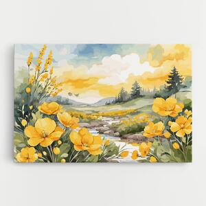Tablou Canvas, 20x30cm, Dormitor si Living, Flori, Flori in natura, Vector_nature_landscape_with_beautiful_yellow_flowers_watercolor