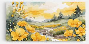 Tablou Canvas, 100x200cm, Dormitor si Living, Flori, Flori in natura, Vector_nature_landscape_with_beautiful_yellow_flowers_watercolor