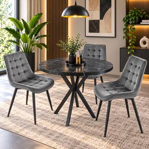 Set masa Hamburg Black Marble cu 3 scaune Osaka gri, DENVER, picioare metalice negre, forma rotunda, 90x73 cm