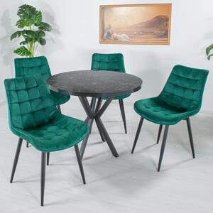 Set masa Hamburg Black Marble cu 4 scaune Osaka Verde, picioare metalice negre, forma rotunda, 90x73 cm