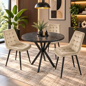 Set masa Hamburg Black Marble cu 3 scaune Osaka bej, DENVER, picioare metalice negre, forma rotunda, 90x73 cm