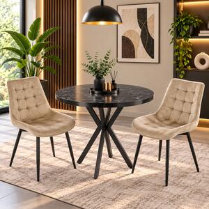 Set masa Hamburg Black Marble cu 2 scaune Osaka bej, DENVER, picioare metalice negre, forma rotunda, 90x73 cm