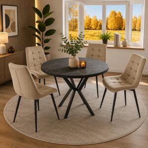 Set masa Hamburg Black Marble cu 4 scaune Osaka Bej, DENVER, picioare metalice negre, forma rotunda, 90x73 cm