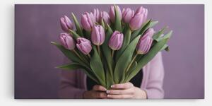 Tablou Canvas, 100x200cm, Dormitor si Living, Flori, Lalele, Holding Pink Tulips