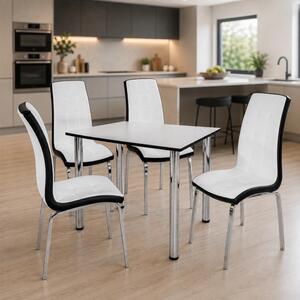 Set masa cu 4 scaune Rimini alb cu negru, DENVER, blat pal alb, cant abs negru, forma dreptunghiulara, 90x64x73 cm
